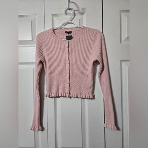 Pink Ribbed Knit Button-Up Crop Cardigan Sweater, Size XS, New With Tags